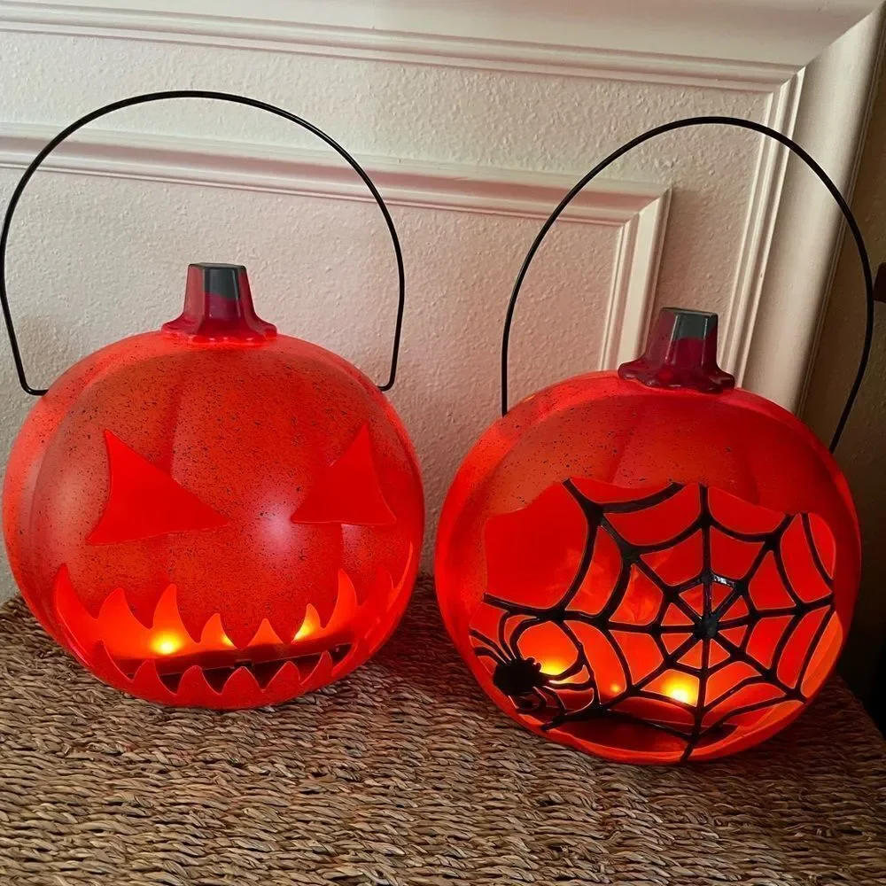 Holiday Home LED Fire Pumpkins Spider Web Design set of 2!